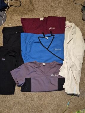 Davita Scrub Tops Bundle - Blue, Maroon, Purple, Black Pants And Lab Coat